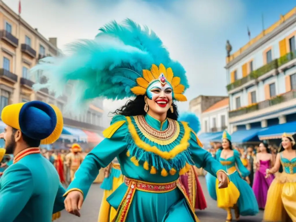 Vibrante Carnaval en Uruguay con deslumbrantes trajes, arquitectura histórica y energía contagiosa