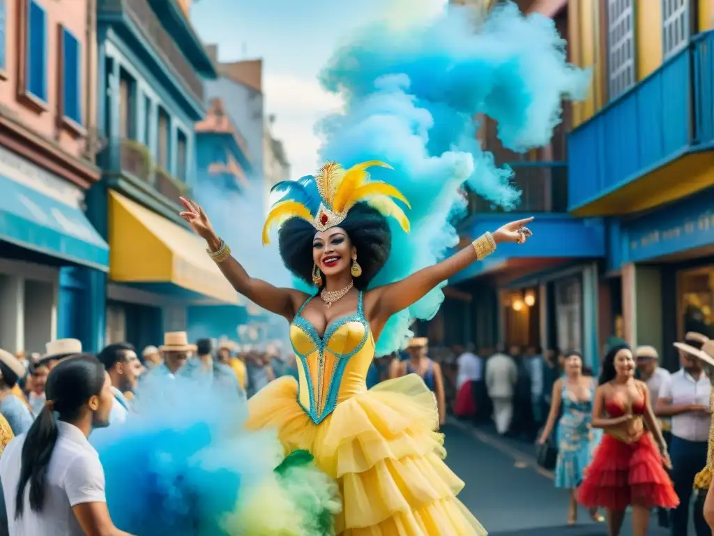 Un vibrante Carnaval en Montevideo, con deslumbrantes trajes, coloridos carros alegóricos y espectadores alegres