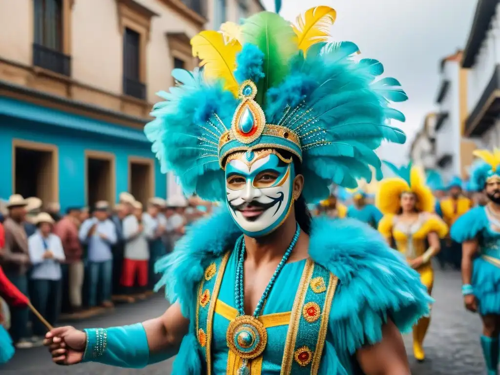 Una vibrante ilustración acuarela del Carnaval en Uruguay con detallados trajes y expresiones alegres de los Ilustradores del Carnaval Uruguayo