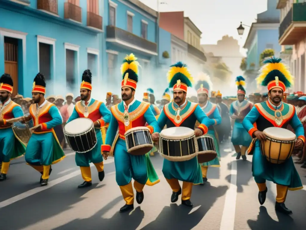 Vibrante Carnaval en Uruguay: historia del candombe en detalle, con figuras históricas, músicos y bailarines coloridos