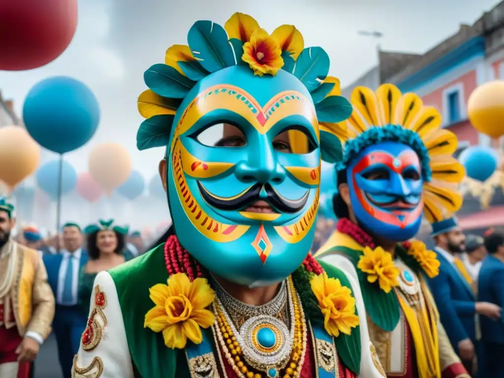 Float vibrante en el Carnaval de Uruguay, con diseños florales, máscaras y música tradicional