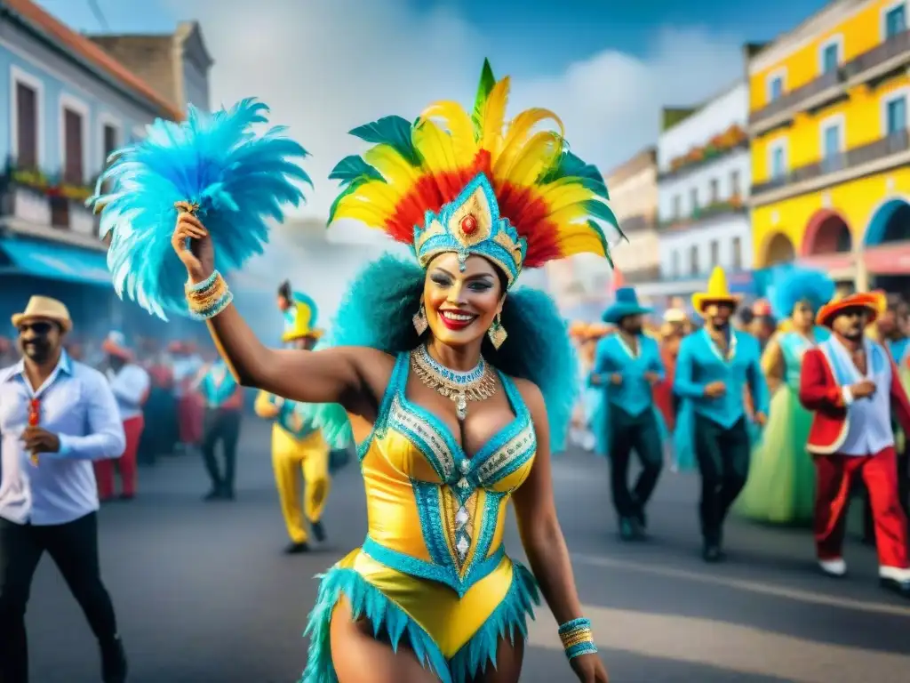 Ilustración acuarela del vibrante Carnaval en Uruguay, con disfraces, carrozas y bailarines alegres