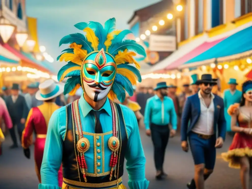 Una ilustración acuarela vibrante del Carnaval en Uruguay, con disfraces coloridos, música y desfiles