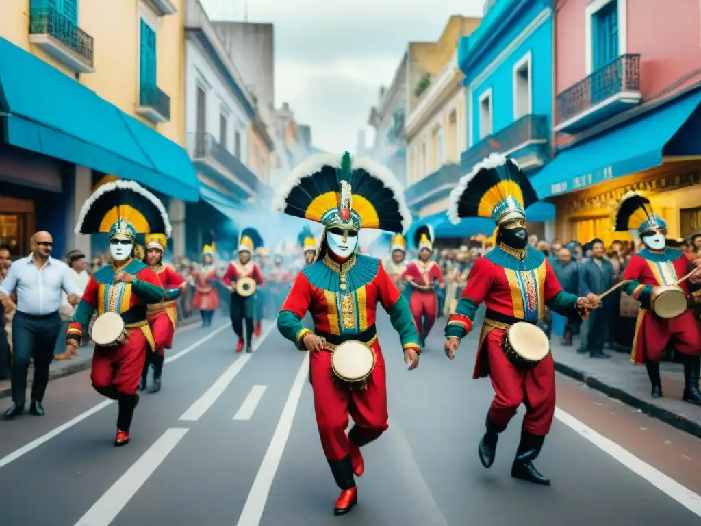 Un vibrante Carnaval en Montevideo, con disfraces coloridos y bailes energéticos al ritmo de tambores de candombe