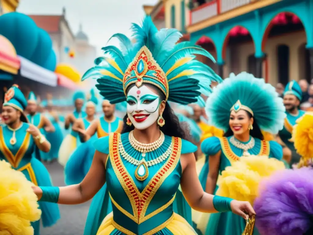 Una vibrante ilustración acuarela del Carnaval, con elección de tonos en trajes y desfiles festivos