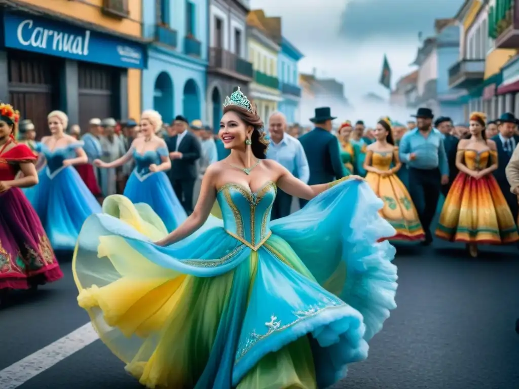 Un vibrante Carnaval en Uruguay: gente diversa baila con trajes coloridos y músic