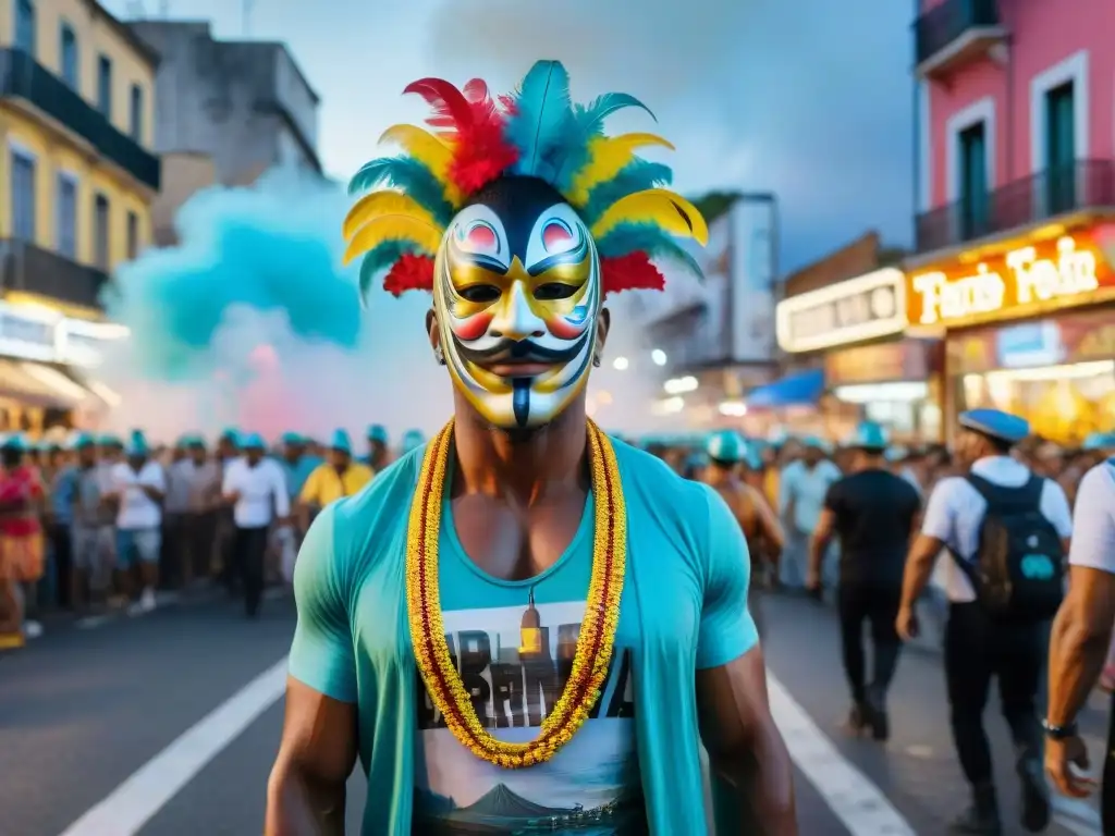 Un vibrante Carnaval en Uruguay con graffiteros añadiendo arte callejero a la procesión, celebrando la intersección entre arte urbano y tradición