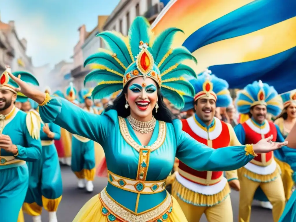 Vibrante procesión de Carnaval en Uruguay con ídolos del Carnaval Uruguayo historia, detallada acuarela