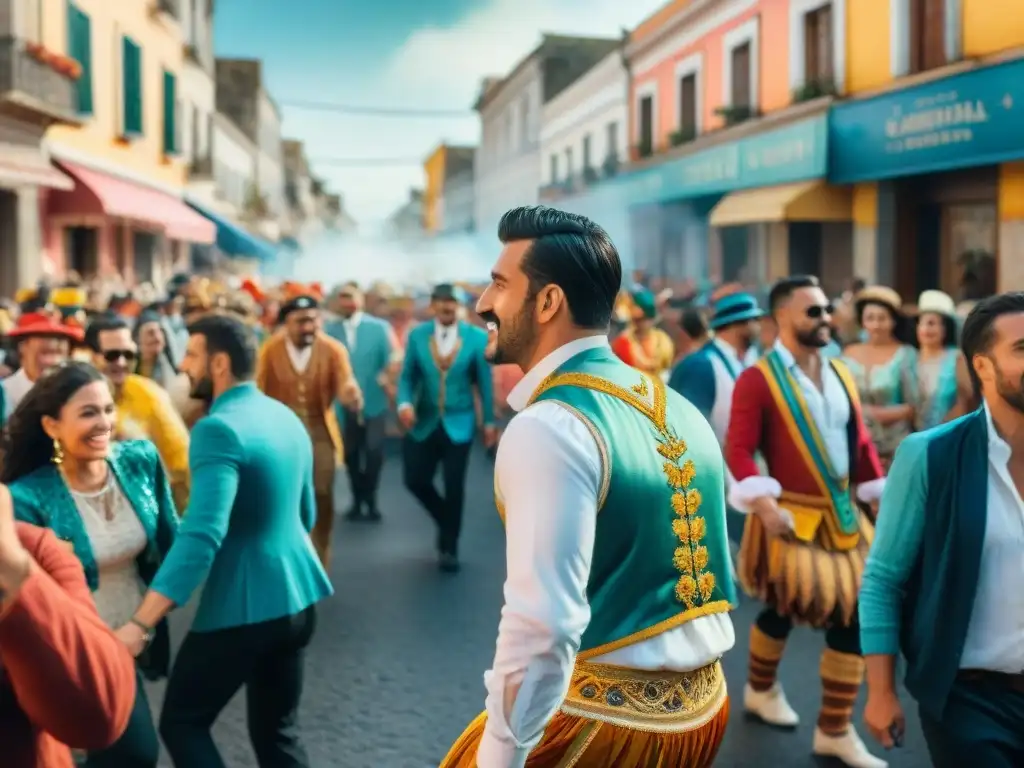 Vibrante ilustración acuarela de Carnaval en Uruguay, reflejando el impacto económico