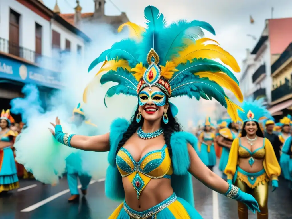 Una vibrante procesión de Carnaval en Uruguay con influencia religiosa, trajes coloridos y música festiva en las calles