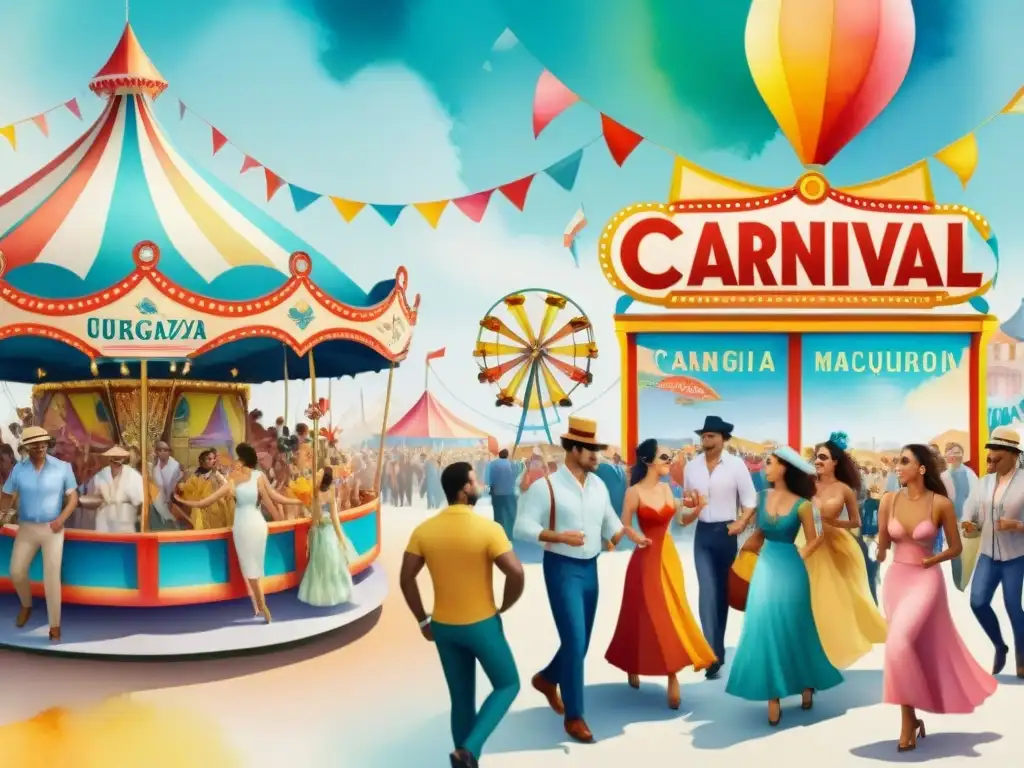 Vibrante ilustración acuarela del Carnaval en Uruguay con influencia de revistas