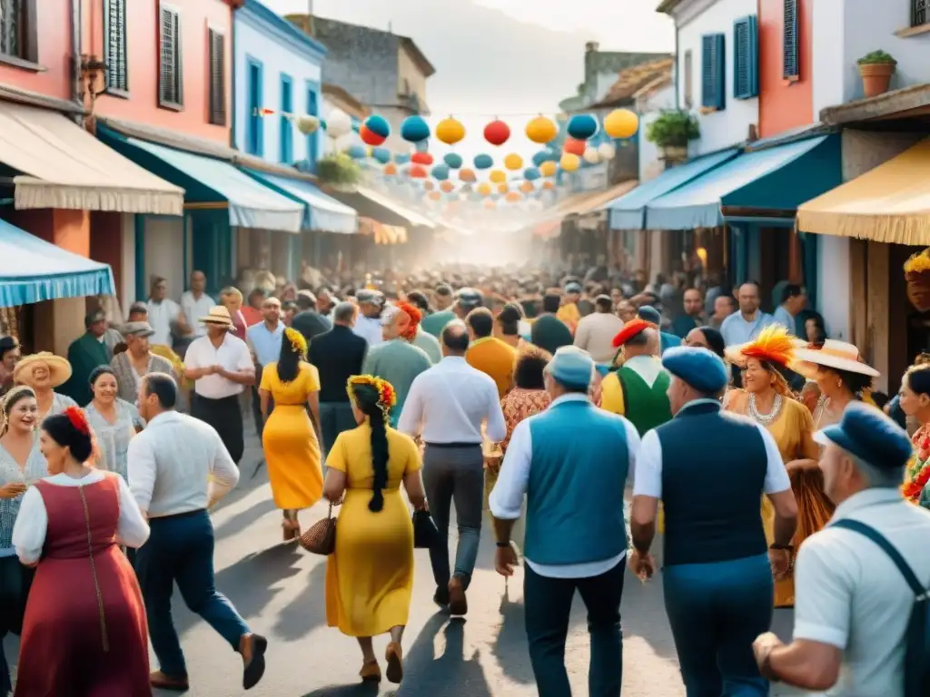 Vibrante Carnaval en Uruguay: Locales en coloridos trajes bailando al ritmo de la música en la bulliciosa calle