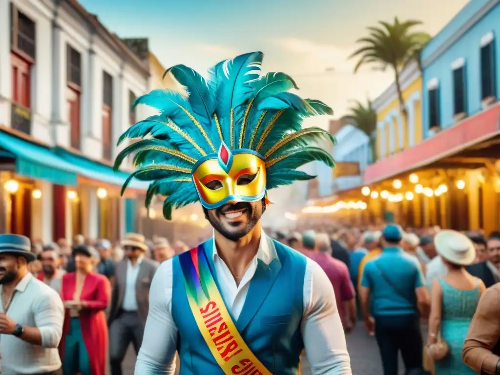 Vibrante ilustración acuarela de Carnaval en Uruguay con máscaras, streamers y arquitectura icónica