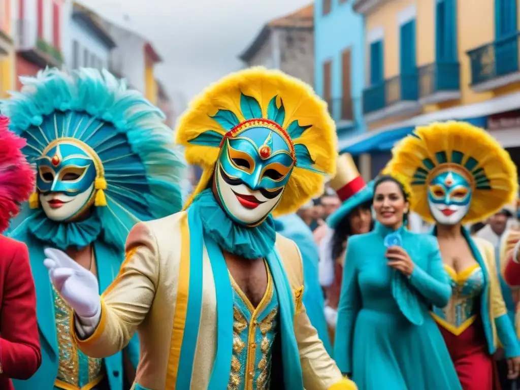 Un vibrante Carnaval en Uruguay con máscaras y trajes coloridos, murgas y edificios coloniales