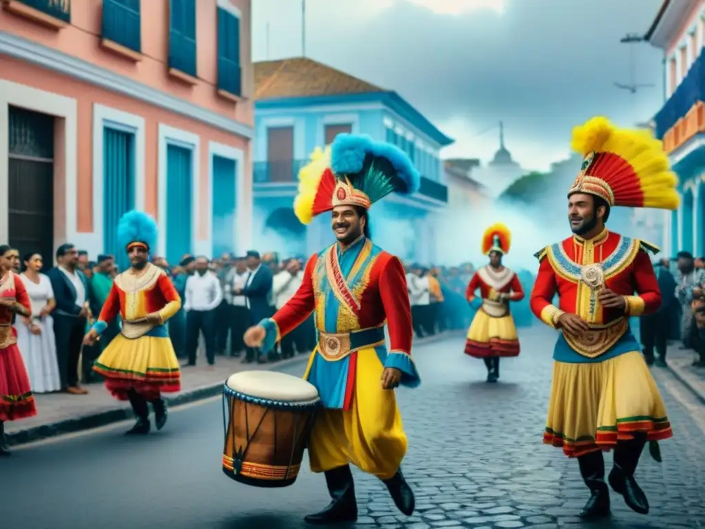 Un vibrante Carnaval en Uruguay con músicos de candombe y bailarines en trajes coloridos, rodeados de edificios coloniales y decoraciones festivas