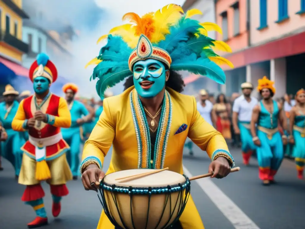 Una ilustración acuarela vibrante del Carnaval en Uruguay con músicos y sus Instrumentos típicos Carnaval Uruguayo