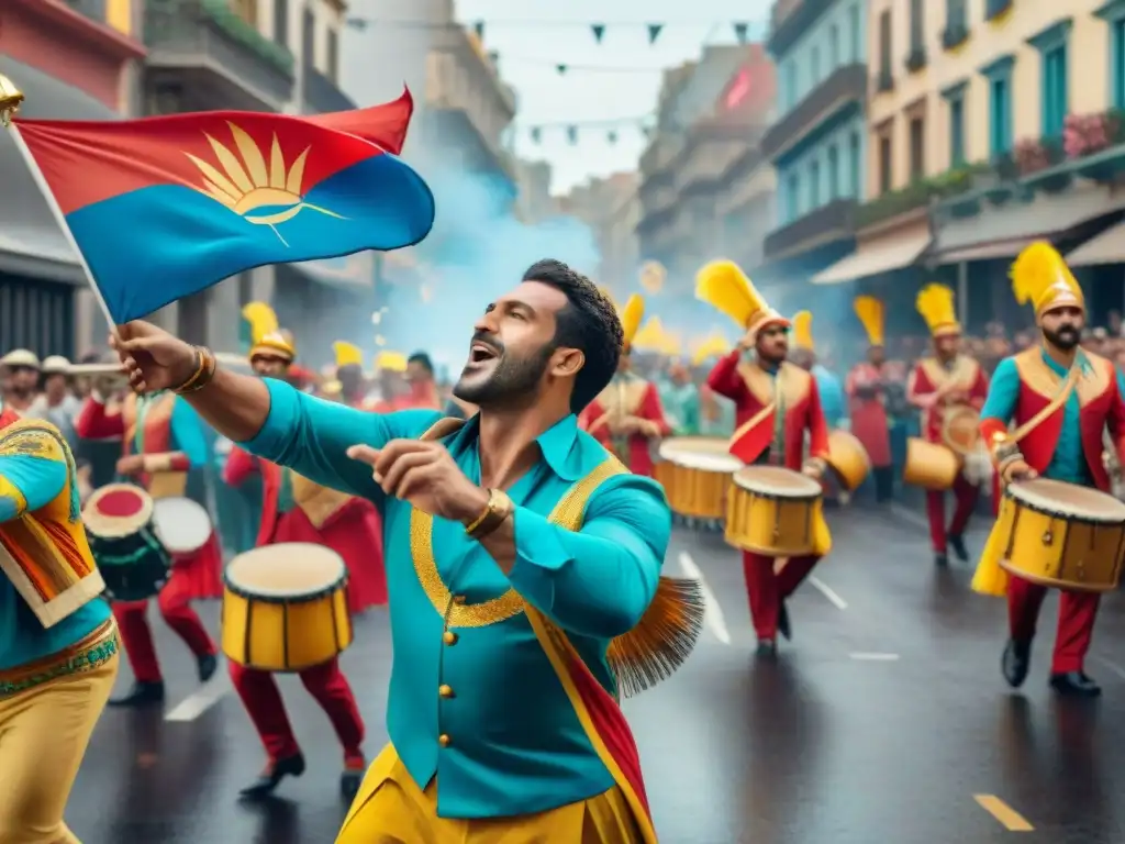 Vibrante Carnaval en Montevideo, Uruguay, con músicos tocando tambores y trompetas