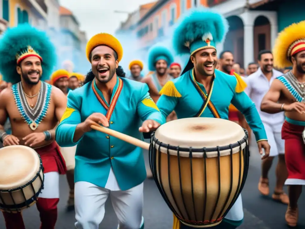 Un vibrante Carnaval con músicos tocando tambores en un desfile, rodeados de gente bailando en trajes coloridos