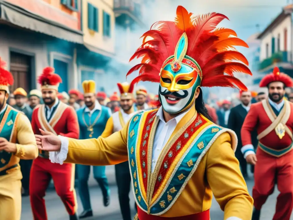 Vibrante ilustración acuarela del Carnaval en Uruguay 2021 con paquetes de Carnaval Uruguayo 2021