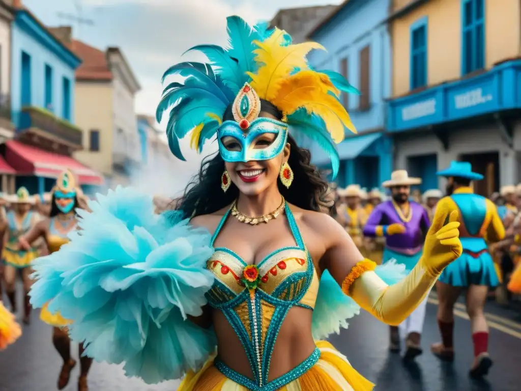 Vibrante Carnaval en Uruguay con personas en trajes coloridos y máscaras, desfilando al ritmo de la música tradicional