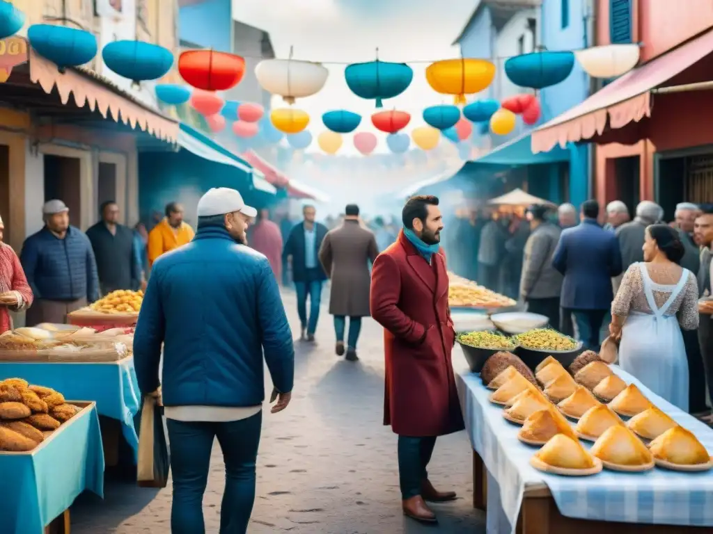 Un vibrante Carnaval en Uruguay con puestos de comida tradicional y ambiente festivo