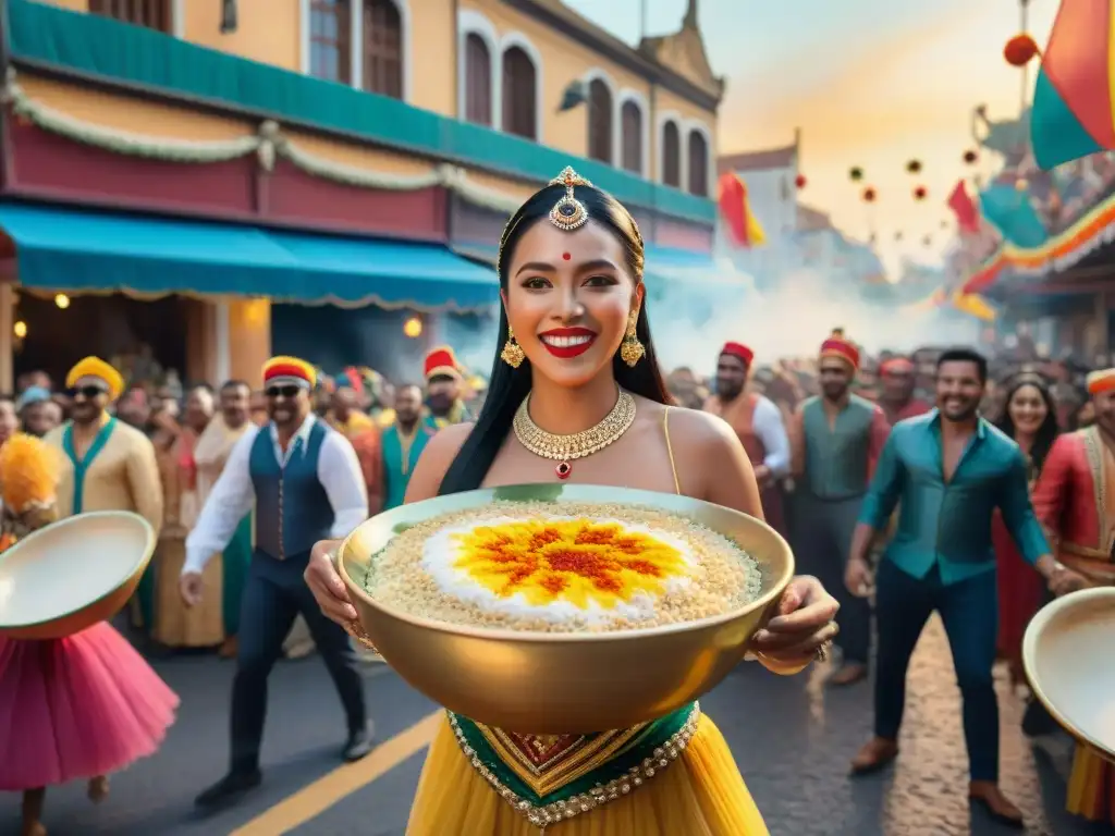 Vibrante Carnaval con receta arroz con leche: desfile colorido, bailarines alegres y confeti en el cielo al atardecer festivo