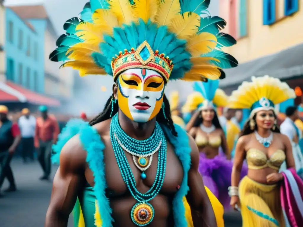 Celebración vibrante en Carnaval Uruguay con trajes africanos y música alegre