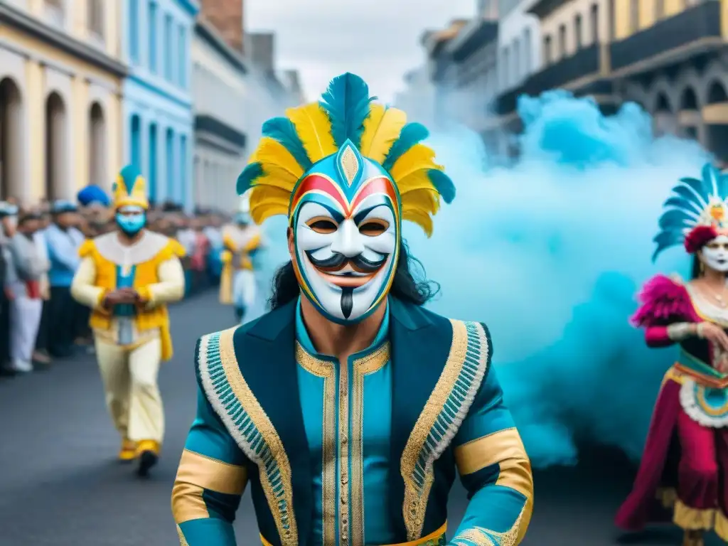 Vibrante Carnaval en Uruguay con trajes coloridos y desfiles festivos, reflejando el impacto social del Carnaval Uruguayo