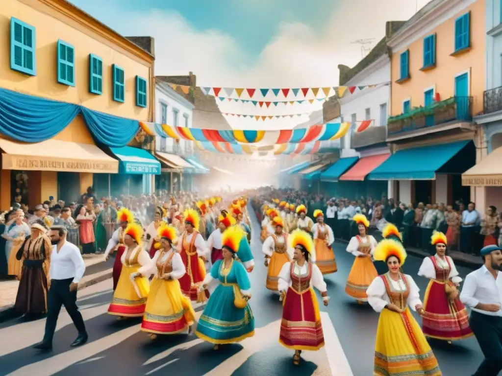 Un vibrante Carnaval en Uruguay con trajes coloridos, música alegre y carros alegóricos