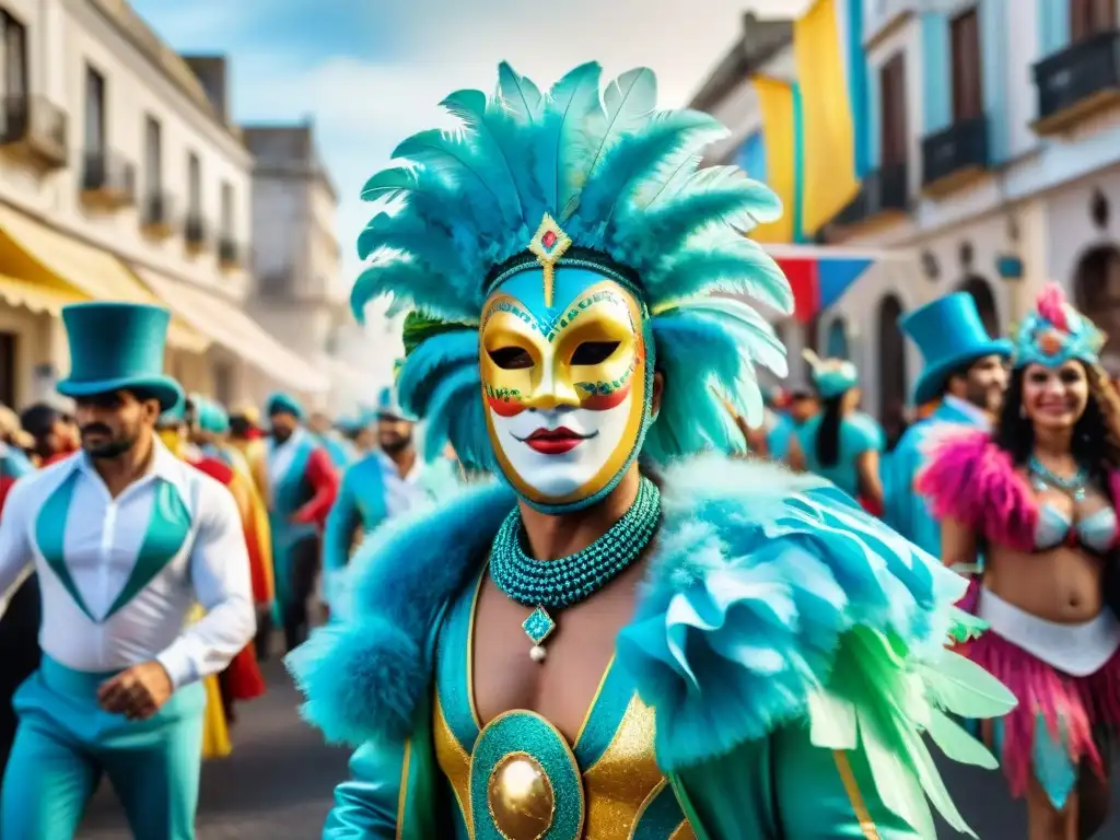 Vibrante Carnaval en Uruguay, con trajes coloridos, máscaras intrincadas y música animada