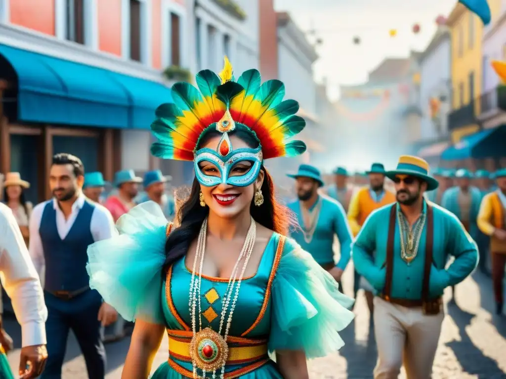 Vibrante Carnaval en Uruguay: trajes coloridos, máscaras elaboradas, música alegre y desfiles festivos