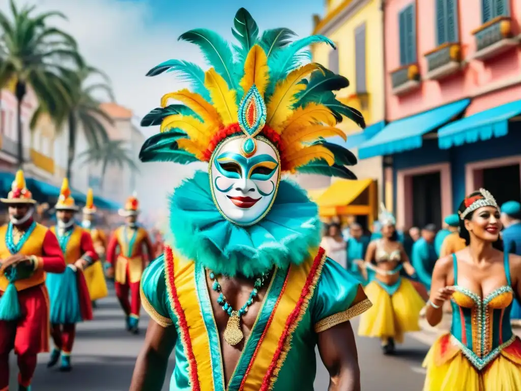 Vibrante Carnaval en Uruguay, con trajes coloridos y danzas dinámicas frente a edificios coloniales y palmeras, ilustrado con detalle y maestría