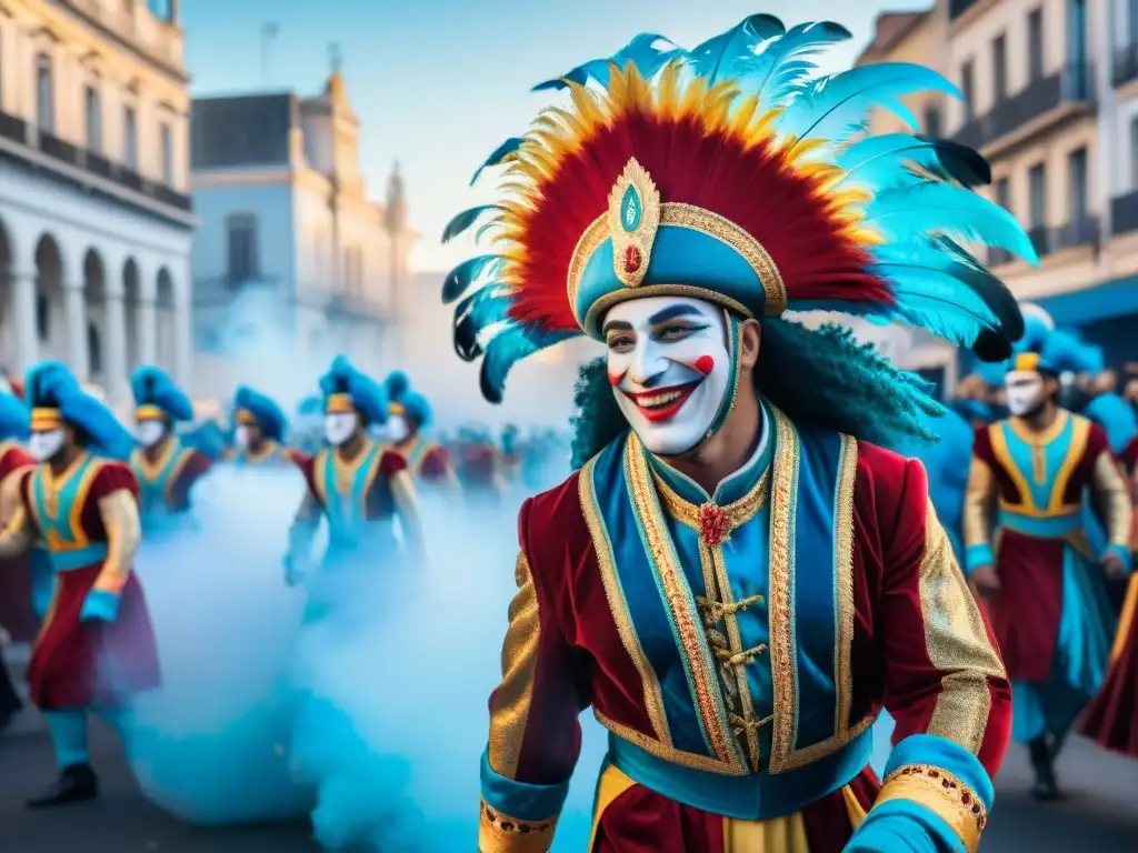 Una ilustración acuarela vibrante del Carnaval en Uruguay, con trajes coloridos y movimiento dinámico