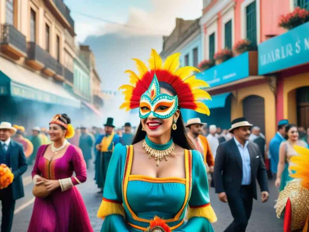 Vibrante ilustración acuarela de Carnaval en Montevideo, con trajes coloridos y música animada