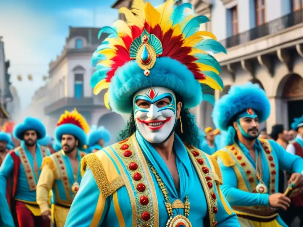 Vibrante Carnaval en Uruguay: trajes elaborados, bailarines alegres y carros coloridos recorriendo las calles