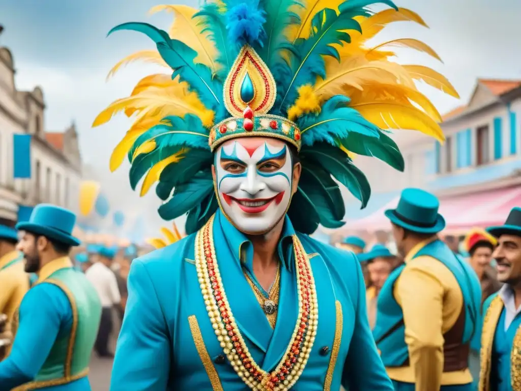 Una vibrante ilustración acuarela del carnaval en Uruguay, con trajes elaborados y colores festivos