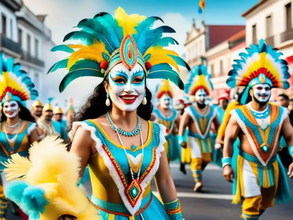 Una ilustración acuarela vibrante del Carnaval Uruguayo mostrando alegres personas celebrando con coloridos trajes y máscaras