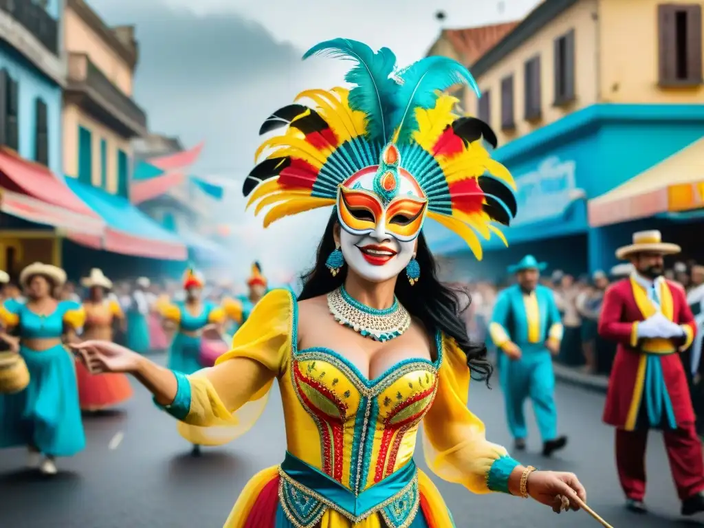 Vibrante Carnaval Uruguayo: evolución artística en coloridos trajes y máscaras durante desfile callejero