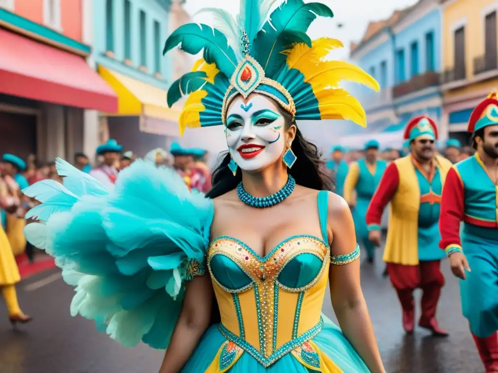 Ilustración acuarela vibrante del Carnaval Uruguayo con bailarines coloridos, música alegre y espectadores emocionados