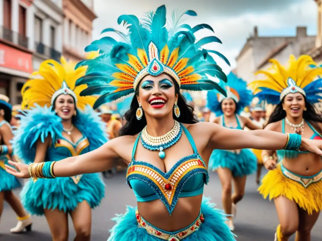 Un vibrante carnaval uruguayo: bailarines en trajes coloridos y espectaculares, plumas y lentejuelas, celebración en las calles