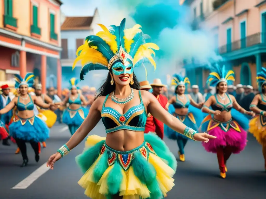 Un vibrante Carnaval Uruguayo: bailarines en trajes coloridos, adornados con máscaras y plumas, afrontando el agotamiento físico