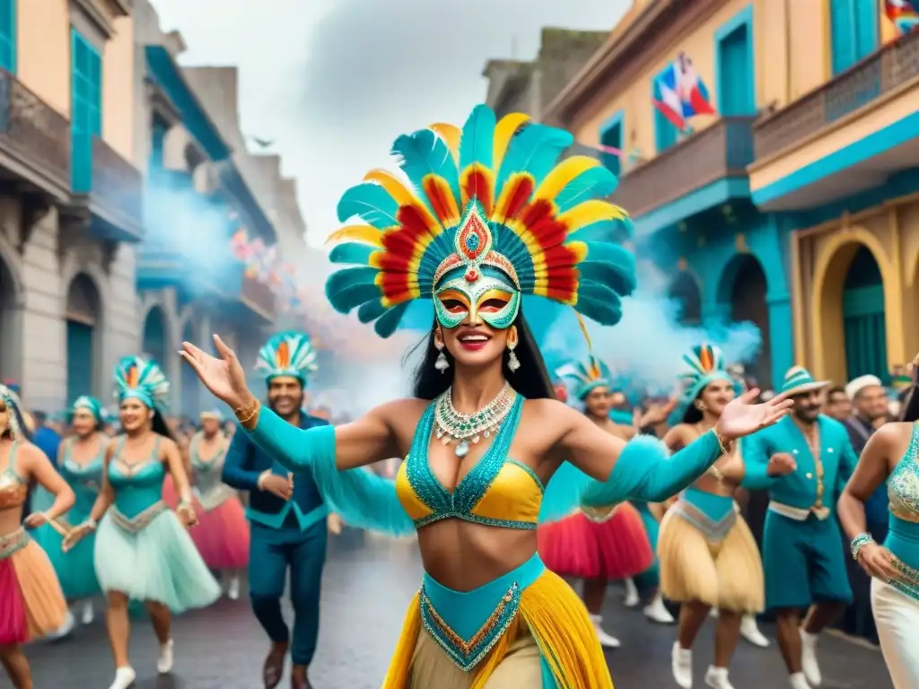 Vibrante Carnaval Uruguayo: bailarines con máscaras y trajes coloridos en las calles de Montevideo