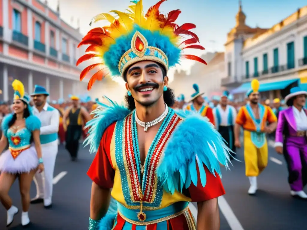 Un vibrante Carnaval Uruguayo: bailarines en trajes tradicionales, plumas y lentejuelas, desfile bullicioso