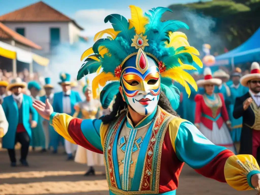 Vibrante Carnaval Uruguayo: bailarines coloridos con máscaras, trajes elaborados y público animado, reflejando la innovación cultural