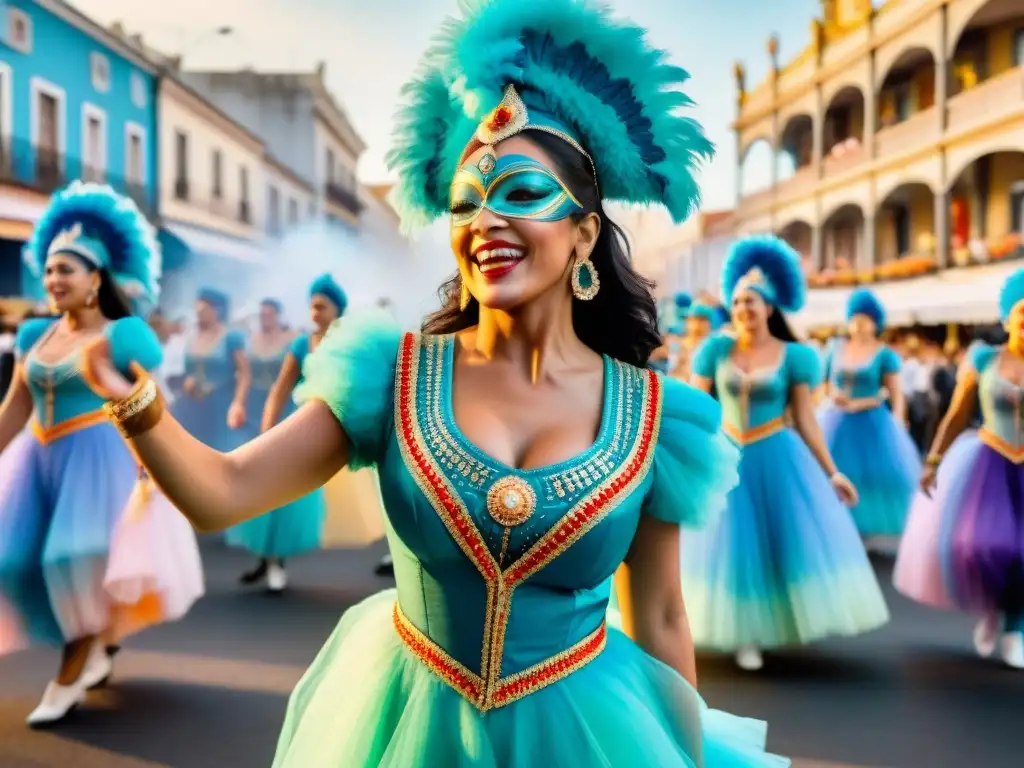 Vibrante ilustración acuarela del Carnaval Uruguayo, con bailarines y música festiva