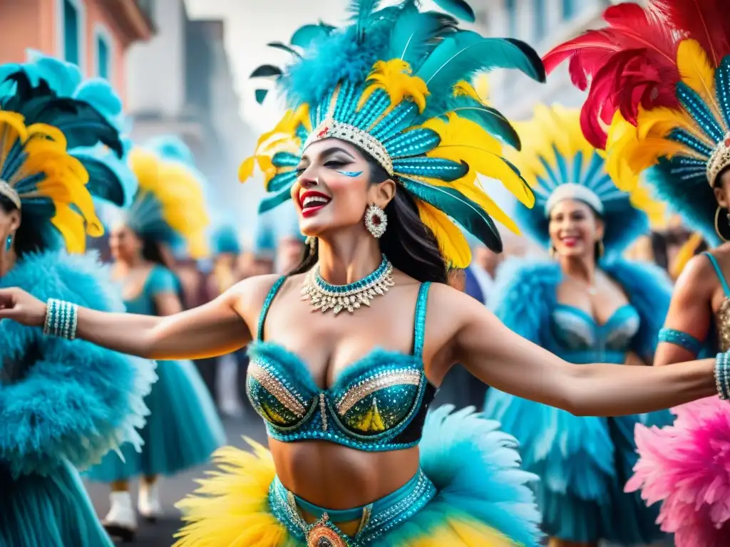 Vibrante Carnaval Uruguayo: bailarines con trajes coloridos y aplausos entre confeti