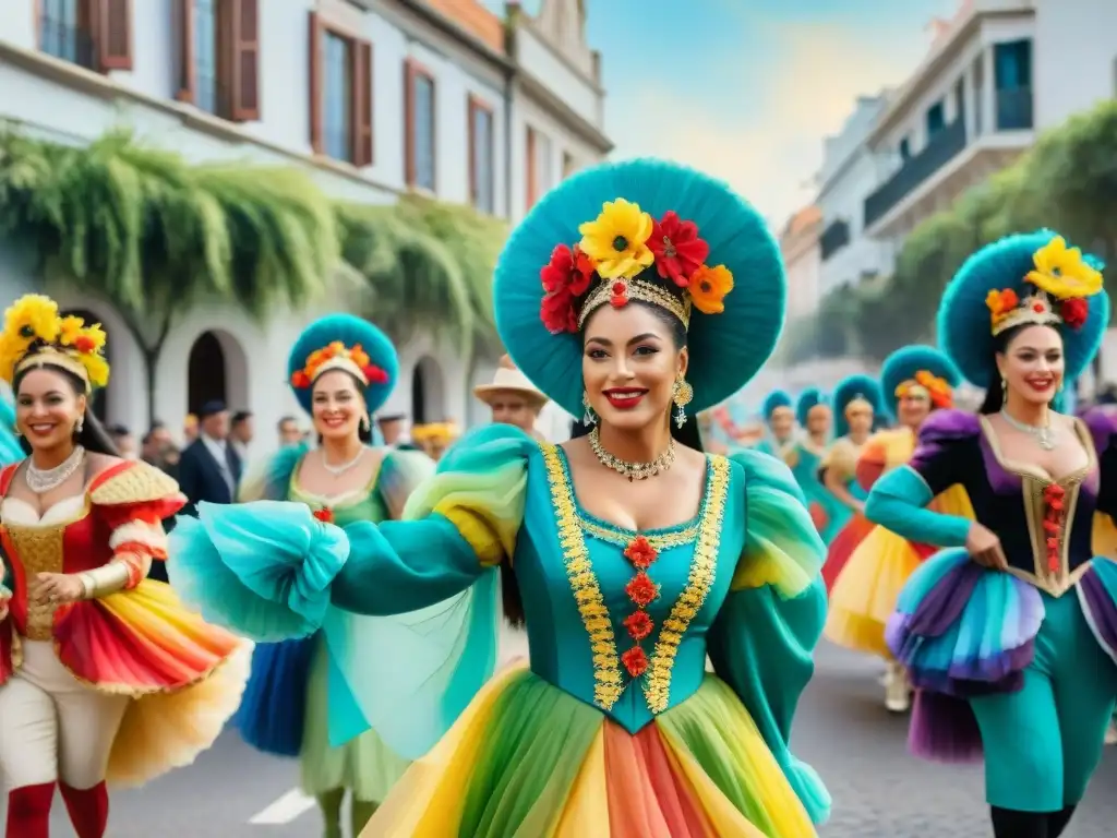 Un vibrante Carnaval Uruguayo con belleza sostenible y colores vivos en un detallado acuarela