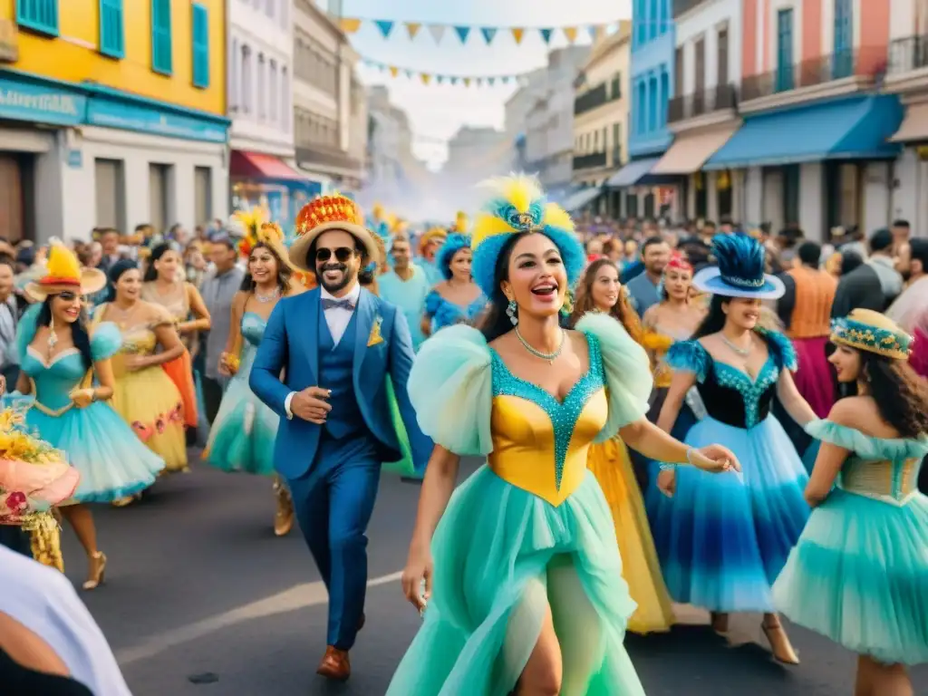 Vibrante Carnaval Uruguayo: calle bulliciosa en Montevideo con desfiles y música, celebrando de forma sostenible la cultura y la comunidad