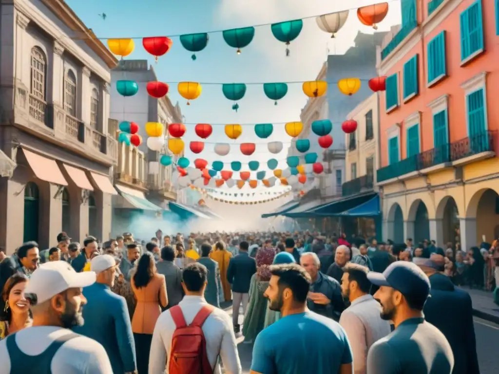 Vibrante ilustración acuarela de preparación Carnaval Uruguayo en Montevideo: calles bulliciosas, coloridos desfiles y danzas festivas