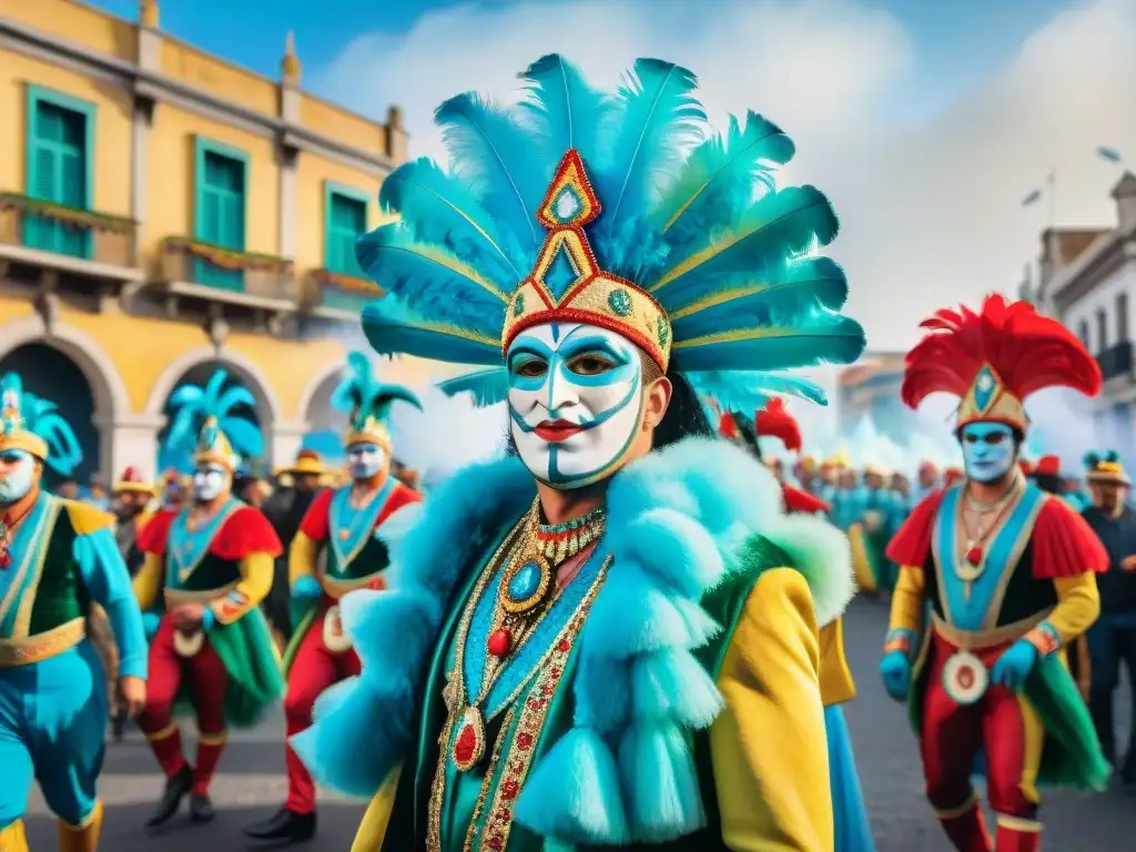 Vibrante Carnaval Uruguayo: calles llenas de vida, paleta de colores brillantes y energía festiva